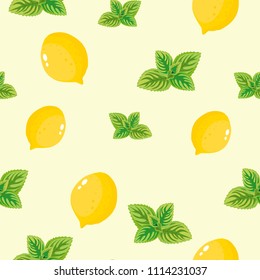 Seamless pattern of ingredients: mint leaves and yellow lemon on a light background. Hand drawing. Illustration in cartoon style. Summer green background.