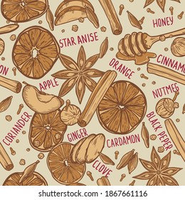 Seamless pattern with ingredients for mulled wine (cinnamon, nutmeg, orange, cardamom, coriander, black pepper, apple, star anise, cloves, honey, ginger)