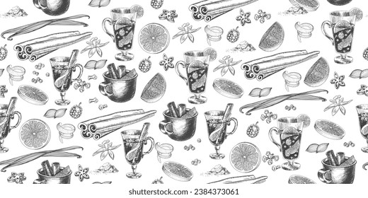 Patrón inmaculado con ingredientes para el vino a la parrilla. Gafas de estilo boceto con vino a la parrilla, especias. Ilustración dibujada a mano en blanco y negro con bebidas de invierno. Botella de vino, canela, naranja, vainilla