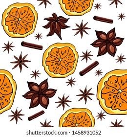 Seamless pattern with ingredients for mulled wine.Star Anise,cinnamon sticks, dry orange.Vector drawing.Design for decor home,textile,wrapping paper,kitchen print
