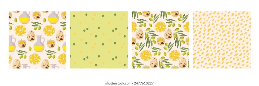 Patrón sin costuras con ingredientes de salsa de mayonesa de oliva y estampado abstracto de puntos. Juego de cuatro. Vector dibujado a mano Plantilla de alimentos para el menú, Fondo de pantalla, envoltura, textil, scrapbooking