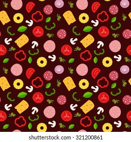 Seamless pattern with ingredients of pizza in flat style. Vector background for your design.