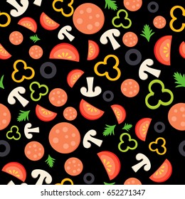 Seamless pattern with the ingredients for pizza. Food background. Vector illustration, flat style.