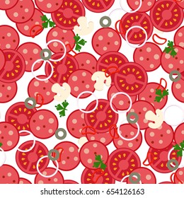 Seamless pattern with the ingredients of  pizza. Food background. Vector illustration, flat style.