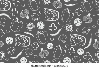 Seamless pattern with the ingredients for pizza isolated on black background