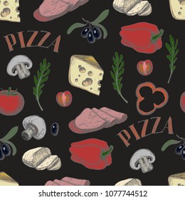 Seamless pattern with Ingredients for pizza such as olives, tomato, mushrooms, mozzarella, arugula, ham, cheese, pepper, drawn in a vintage graphic style.
