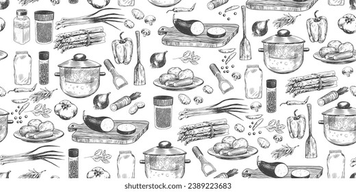 Seamless pattern with ingredients for soup. Sketch style boiling pot, vegetables, asparagus, mushrooms, peas, eggplant, onions, spices, paprika. Сutting board, vegetable peeler, spatula. Cookware