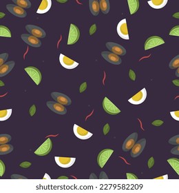 Seamless pattern with ingredients for tom yam. Illustration on the theme of asian cuisine
