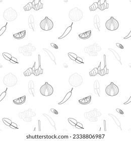 Seamless pattern with ingredients of Tom Yum Soup, outline vector.