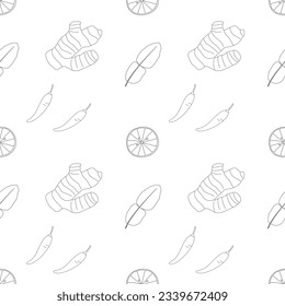 Seamless pattern with ingredients of Tom Yum Soup, outline vector.