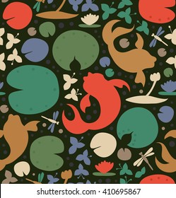 Seamless pattern with inhabitants of the pond. Fish, carp, goldfish, water lilies, dragonfly. Vector decorative background