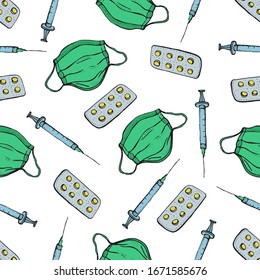 Seamless pattern of Injection, pills, and breathing medical respiratory mask to fight against the virus on a white background. Pandemic and coronavirus outbreaks. Hand drawn doodle illustration