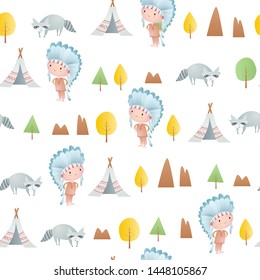 Seamless pattern with  injuns, wigwams, trees.  Vector illustration.