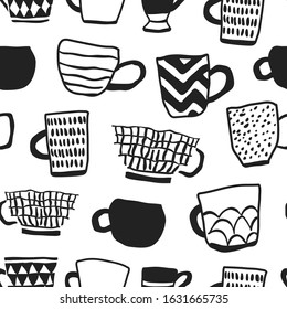 Seamless pattern with ink black and white cups of coffee illustrations on white background. Autumn and winter mood. Home decorations isolated on white background. Scandinavian style