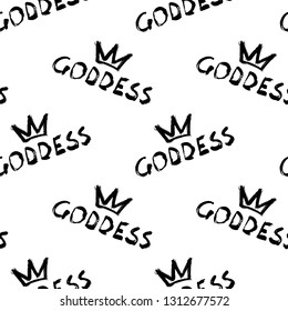 Seamless pattern with ink brush text “Goddess”. Elegant slogan wallpaper. Feminist vector illustration. Isolated on white background.