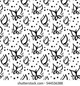 Seamless pattern with ink butterflies on a white background.