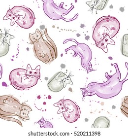 Seamless pattern with ink cats, spot design