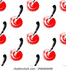 Seamless pattern with ink cherry design. Japanese style. Ink painted berries ornament isolated on white background. Grunge texture. Vector wallpaper.	