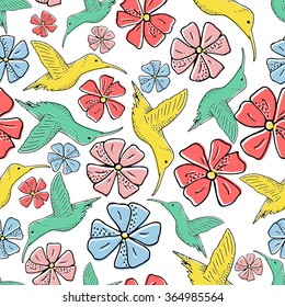 Seamless pattern of ink colibri bird vector. Summer background of hand drawn humming bird and flowers. Tropical seamless texture. Exotic wildlife pattern for wrapping, fabric, decoration, books etc 