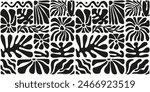 Seamless pattern with ink doodle abstract flowers and leaves. Trendy tropical background. Hand drawn vector illustration. Boho, beach, jungle wallpaper. 