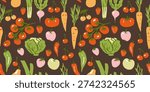Seamless pattern with ink doodle abstract fruits and vegetables on brown. Trendy aesthetic farmer market background. Hand drawn vector illustration. Fresh, vibrant, vegetarian organic wallpaper.
