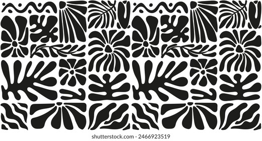 Seamless pattern with ink doodle abstract flowers and leaves. Trendy tropical background. Hand drawn vector illustration. Boho, beach, jungle wallpaper. 