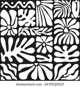 Seamless pattern with ink doodle abstract flowers and leaves. Trendy tropical black and white background. Hand drawn vector illustration. Boho, beach, jungle wallpaper. 