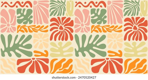 Patrón sin fisuras con garabato de tinta flores y hojas abstractas. Fondo tropical de moda. Ilustración vectorial dibujada a mano Boho, playa, Fondo de pantalla de la selva.