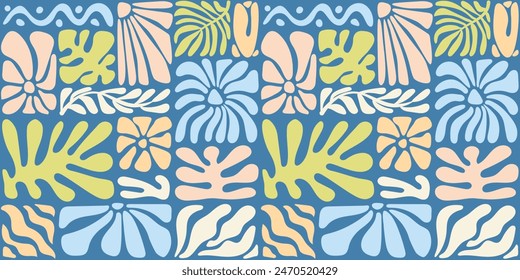 Seamless pattern with ink doodle abstract flowers and leaves. Trendy tropical background. Hand drawn vector illustration. Boho, beach, jungle wallpaper.