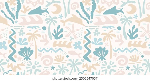 Seamless pattern with ink doodle abstract flowers, palm trees and fish. Trendy tropical background. Hand drawn vector illustration. Boho, beach, jungle wallpaper.