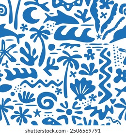 Seamless pattern with ink doodle abstract flowers, palm trees and fish. Trendy tropical background. Hand drawn vector illustration. Boho, beach, jungle wallpaper.