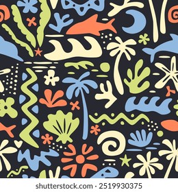 Nahtloses Muster mit Tinte doodle abstrakte Blumen, Palmen und Fische. Trendy tropischer Hintergrund. Handgezeichnete Vektorgrafik. Boho, Strand, Dschungel Tapete.