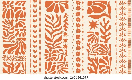 Seamless pattern with ink doodle abstract flowers and leaves in vertical stripes. Trendy tropical background. Hand drawn vector illustration. Boho, beach, jungle wallpaper.