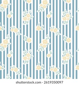 Seamless pattern with ink doodle abstract flowers and leaves on vertical stripes. Trendy aesthetic blue and orange background. Hand drawn vector illustration. Boho, beach, jungle wallpaper.