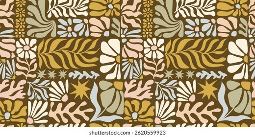 Seamless pattern with ink doodle abstract flowers and leaves. Trendy tropical background. Hand drawn vector illustration. Boho, beach, jungle wallpaper.