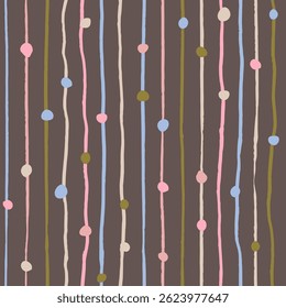 Seamless pattern with ink doodle abstract dots on vertical stripes. Trendy aesthetic geometric minimalistic background. Hand drawn vector illustration. Boho, beach, decorative coastal wallpaper.