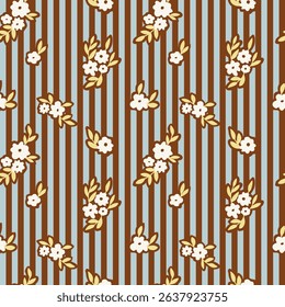 Seamless pattern with ink doodle abstract flowers and leaves on vertical stripes. Trendy aesthetic brown and blue background. Hand drawn vector illustration. Boho, beach, jungle wallpaper.