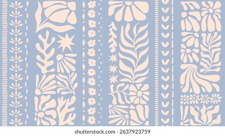 Seamless pattern with ink doodle abstract flowers and leaves in vertical stripes. Trendy tropical background. Hand drawn vector illustration. Boho, beach, jungle wallpaper.