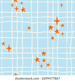 Seamless pattern with ink doodle abstract stars on grid. Trendy aesthetic geometric plaid minimalistic background. Hand drawn vector illustration. Сheckered, decorative, winter wallpaper.