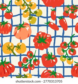 Seamless pattern with ink doodle abstract red and yellow tomatoes on blue grid. Trendy aesthetic farmer market background. Hand drawn vector illustration. Fresh, vibrant, vegetarian organic wallpaper.