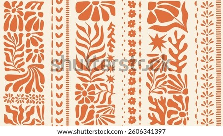 Seamless pattern with ink doodle abstract flowers and leaves in vertical stripes. Trendy tropical background. Hand drawn vector illustration. Boho, beach, jungle wallpaper.