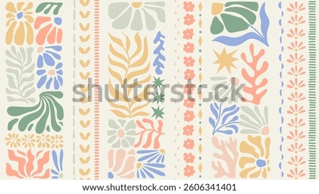 Seamless pattern with ink doodle abstract flowers and leaves in vertical stripes. Trendy tropical background. Hand drawn vector illustration. Boho, beach, jungle wallpaper.