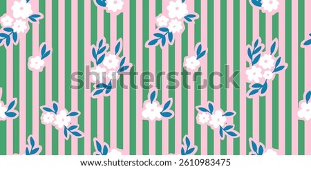 Seamless pattern with ink doodle abstract flowers and leaves on vertical stripes. Trendy aesthetic pink and green background. Hand drawn vector illustration. Boho, beach, jungle wallpaper.