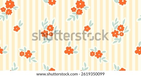 Seamless pattern with ink doodle abstract flowers and leaves on vertical stripes. Trendy aesthetic yellow and red background. Hand drawn vector illustration. Boho, beach, jungle wallpaper.