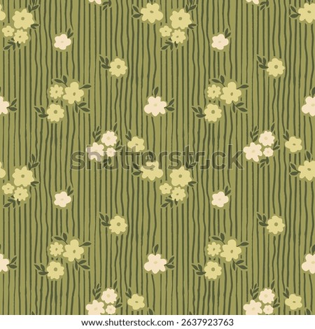 Seamless pattern with ink doodle abstract flowers and leaves on vertical stripes. Trendy aesthetic  green background. Hand drawn vector illustration. Boho, beach, jungle wallpaper.