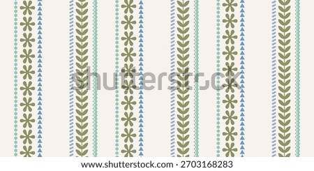 Seamless pattern with ink doodle abstract flowers and strokes in vertical stripes. Trendy cottage core background. Hand drawn vector illustration. Boho, beach, preppy wallpaper.