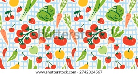 Seamless pattern with ink doodle abstract fruits and vegetables on blue grid. Trendy aesthetic farmer market background. Hand drawn vector illustration. Fresh, vibrant, vegetarian organic wallpaper.