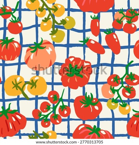 Seamless pattern with ink doodle abstract red and yellow tomatoes on blue grid. Trendy aesthetic farmer market background. Hand drawn vector illustration. Fresh, vibrant, vegetarian organic wallpaper.