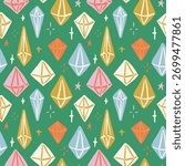 Seamless pattern with ink doodle crystal decorations.  Hand drawn vector illustration. Naive childish design. Elegant Christmas gem background, wrapping paper.