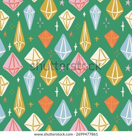 Seamless pattern with ink doodle crystal decorations.  Hand drawn vector illustration. Naive childish design. Elegant Christmas gem background, wrapping paper.